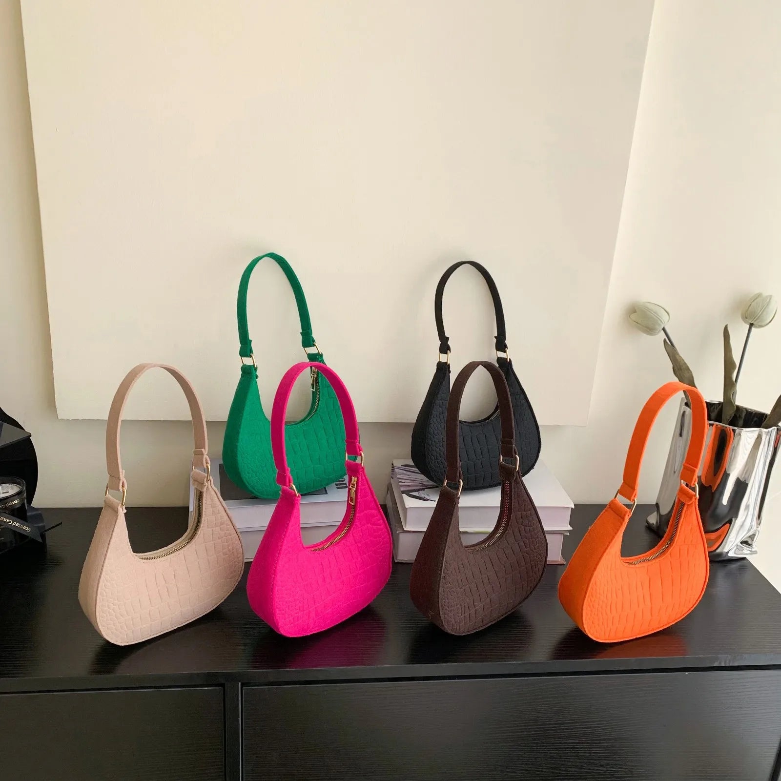 Sacs à bandoulière en tissu feutré pour femmes, pochette sous les bras à petite poignée, pochette de luxe de couleur unie, sac à main avec bourse