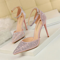 Sandales pointues à bouche peu profonde pour femmes, talons hauts creux, escarpins de mariage, champagne, or, paillettes de cristal, biscuits, Parker