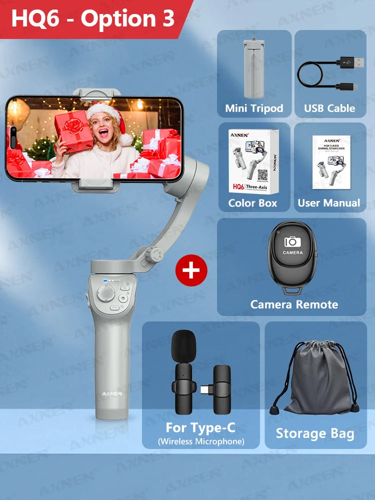 Cardan AXNEN HQ6 pour smartphone, cardan portable 3 axes, avec suivi intelligent, lumière de remplissage, zoom, stabilisateur pour iPhone Android