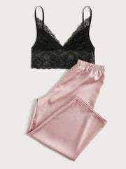 PaJamas Sexy ensemble ceinture élastique vêtements de détente dentelle Camisole et pantalon Long Sexs vêtements de nuit doux vêtements de loisirs élégant Satin Homewear