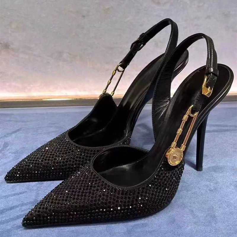 Escarpins de luxe à strass et paillettes pour femmes, chaussures élégantes à bout pointu, talons aiguilles, chaussures à la mode printemps été