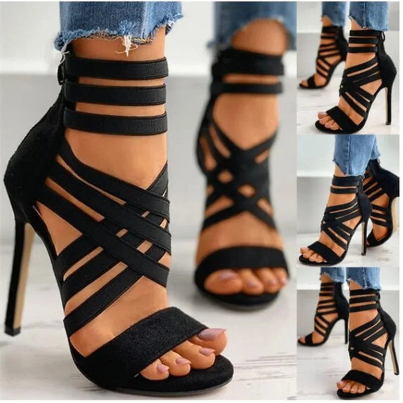 Sexy Peep Toe bande élastique croix femmes talons hauts sandales été nouveau dos fermeture éclair couverture talon gladiateur chaussure pompe noir