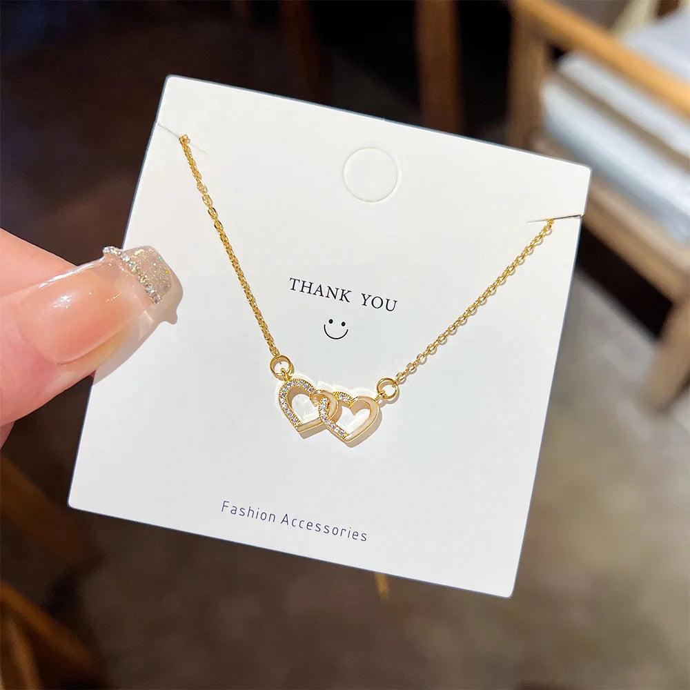 Chaîne en acier inoxydable couleur or romantique zircon double coeur pendentif colliers pour femmes filles accessoires délicats cadeaux