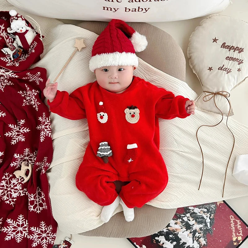 Barboteuse de noël pour bébés garçons et filles, combinaison épaisse de dessin animé père noël cerf, vêtements d'automne et d'hiver pour nouveau-nés