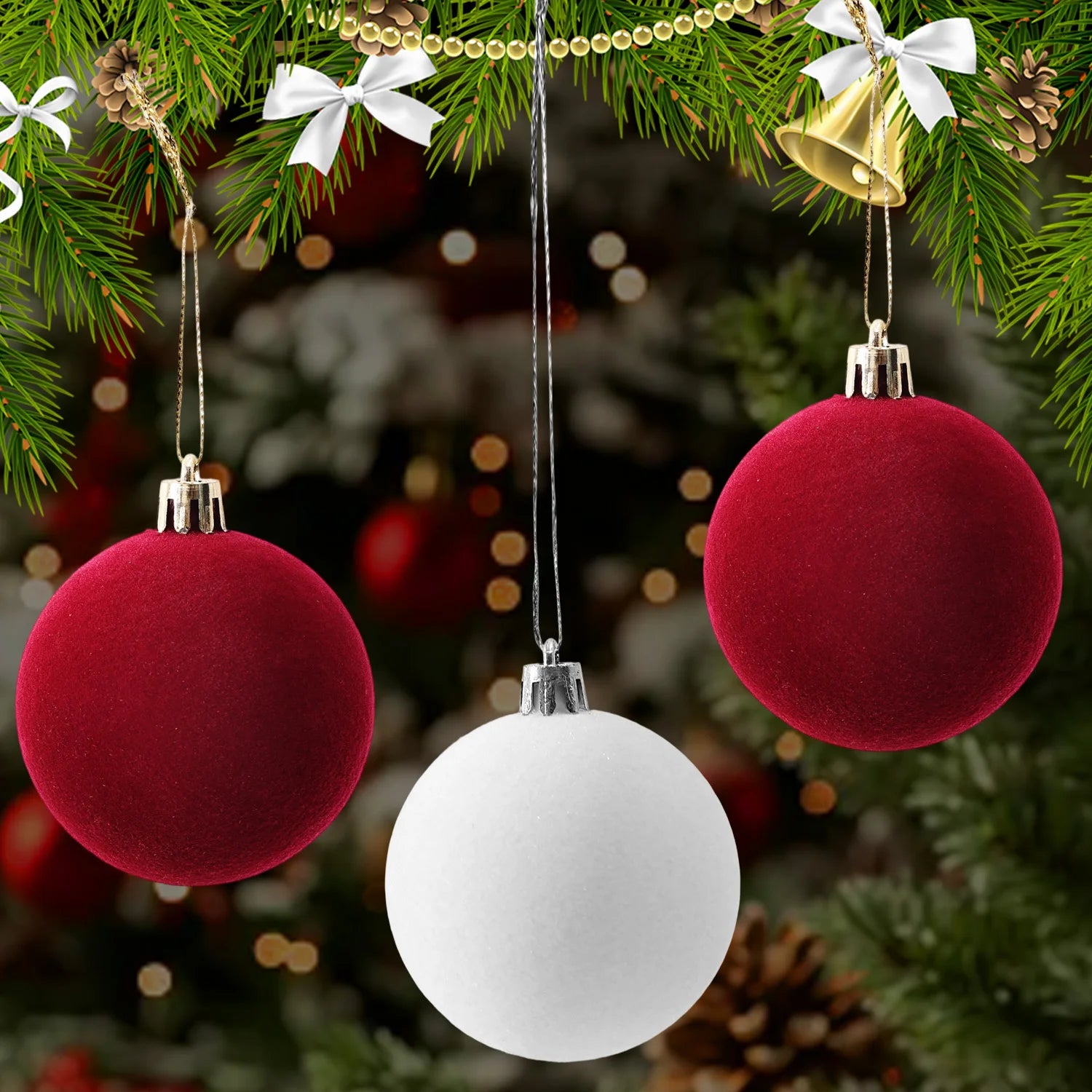 Boules de noël en velours rouge vin de 6cm, pour arbre de noël floqué, pendentifs suspendus, fournitures de décoration pour la maison, Festival, fête