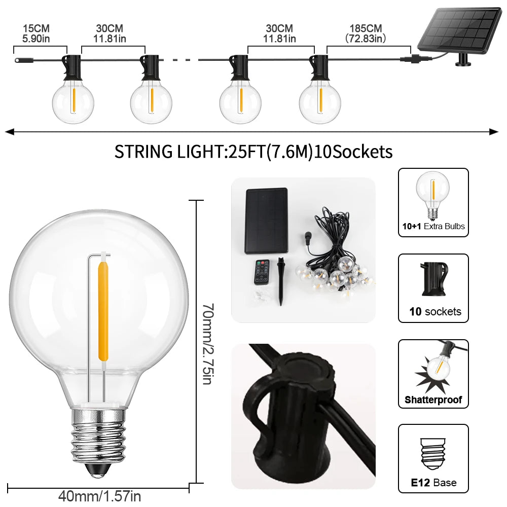 Guirlande solaire G40 lumières de Patio avec ampoules LED incassables guirlande de Camping résistante aux intempéries lumières suspendues pour jardin Bistro