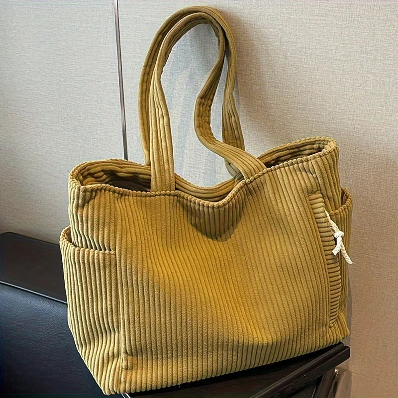Sac à main décontracté en velours côtelé avec fermeture à glissière, léger et grande capacité, bandoulière fixe, couleur unie, sac à main de banlieue quotidien