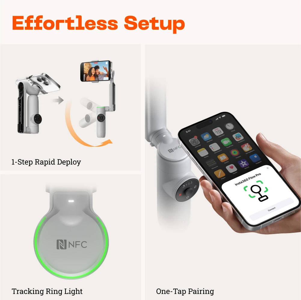 Insta360 Flow Pro - Stabilisateur de cardan alimenté par l'IA pour smartphone, compatible Apple DockKit, suivi 360, stabilisation à 3 axes