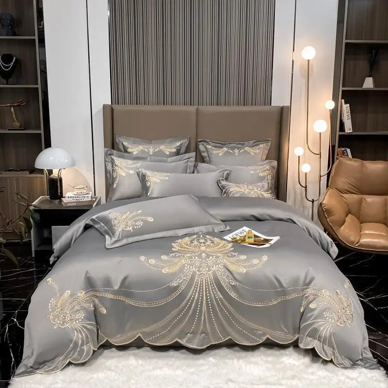 4/6 pièces blanc gris satin or broderie luxe Satin coton ensemble de literie Double reine roi housse de couette drap de lit taies d'oreiller