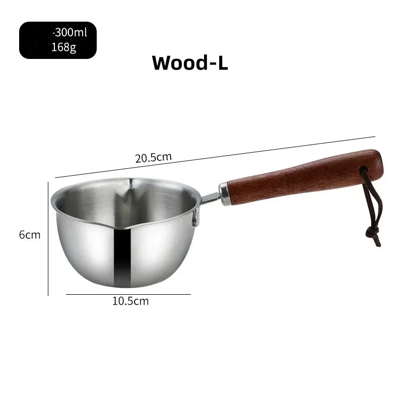 Mini poêle à lait en acier inoxydable 304, Pot à huile chaude, petite poêle avec manche en bois pour la cuisson du beurre bouillant, outil de cuisine