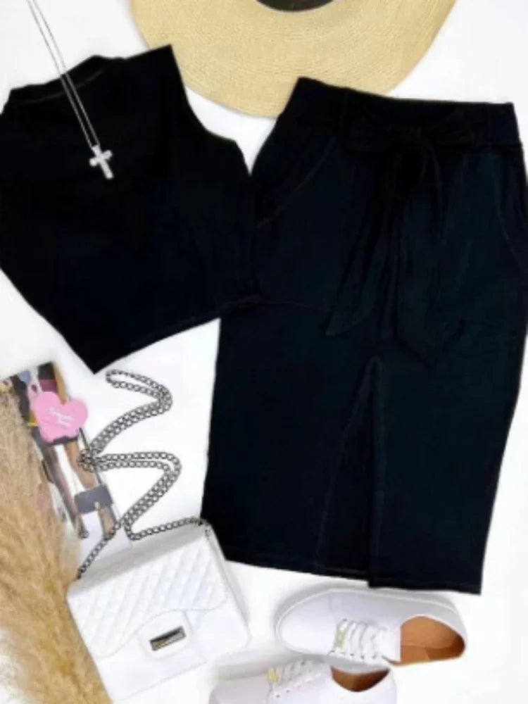 Ensemble jupe pour femmes, ensemble deux pièces, moulant, col rond, sans manches, haut court, jupes mi-longues, épissure taille haute, à lacets