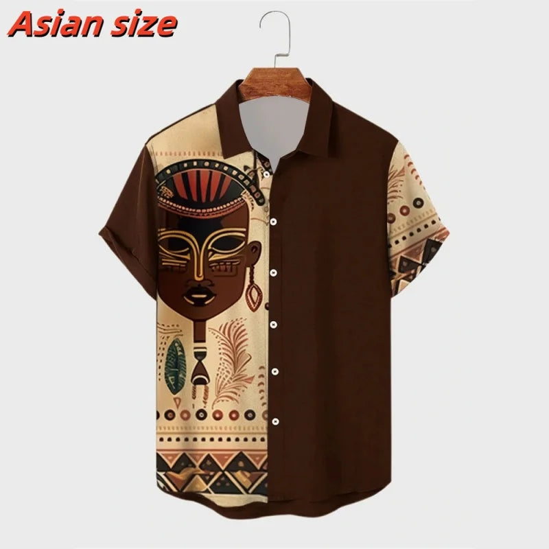 Chemise hawaïenne à motif mystère rétro pour hommes, chemises de plage ethniques imprimées en 3D, décontractées, manches courtes, boutons à revers, chemisiers