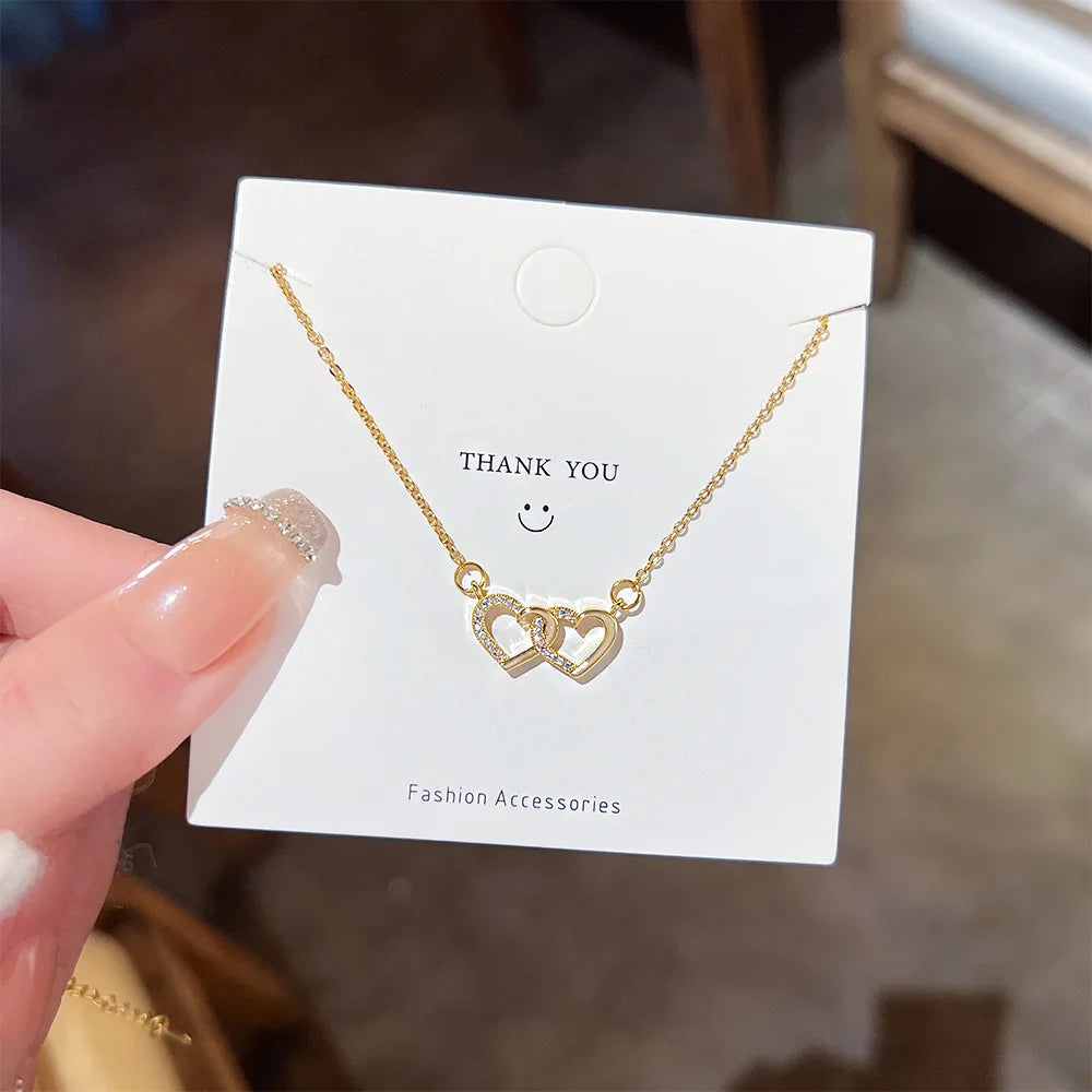 Chaîne en acier inoxydable couleur or, pendentif romantique en Zircon Double cœur pour femmes et filles, accessoires délicats, cadeaux