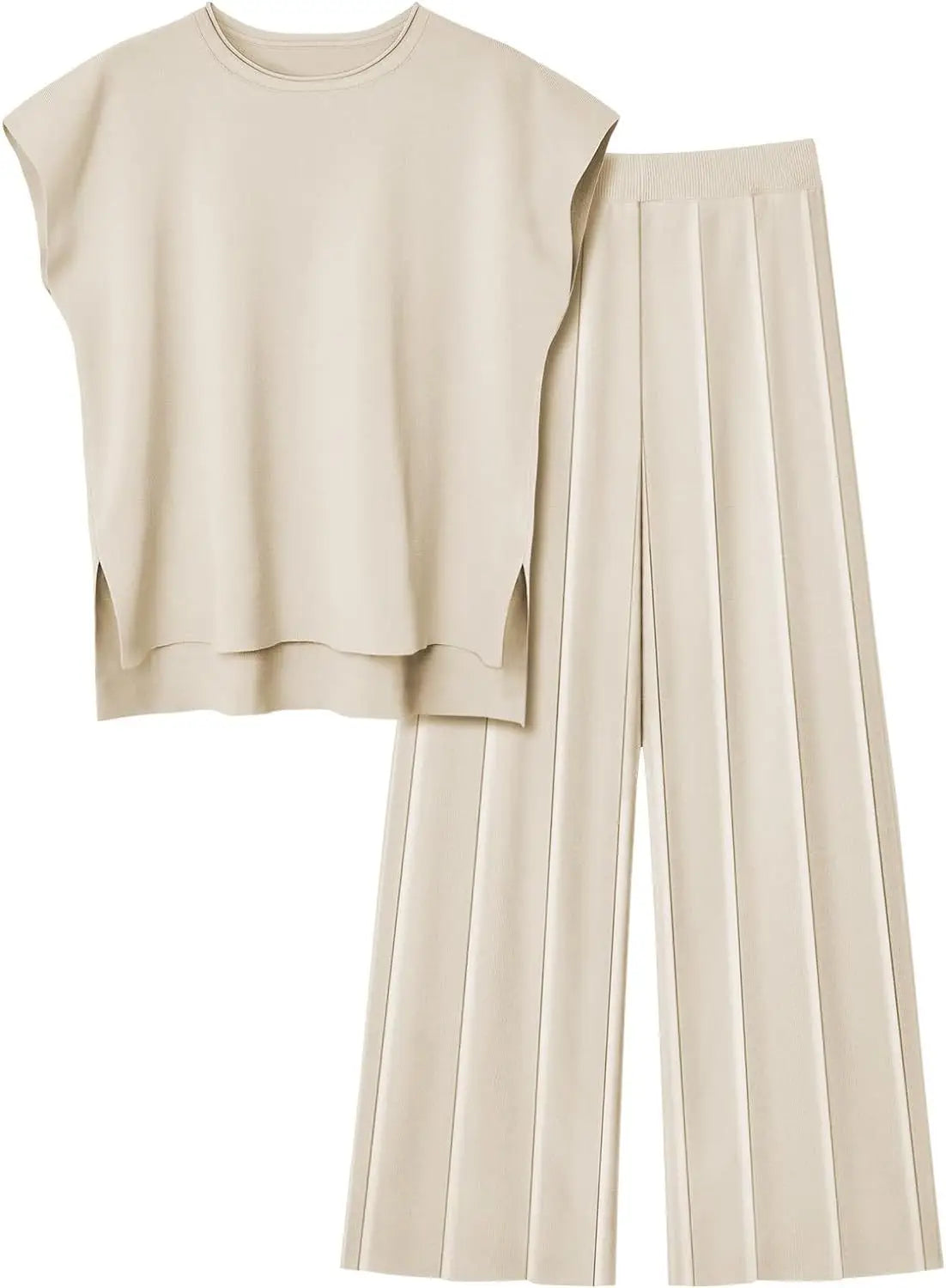 Two Piece Sets Women Pant Set Round Neck Sleeveless Vest Knit High Waist Solid Wide Leg Long Pants Loose Elegant Splice