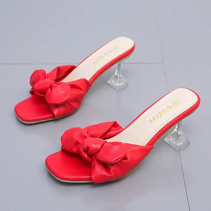sandales femmes été chaussures femme luxe chaussures mariage pour Sandales d'été en cristal pour femmes, chaussures à talons avec nœud papillon, à bout ouvert, pantoufles carrées de styliste, à enfiler, pour la plage