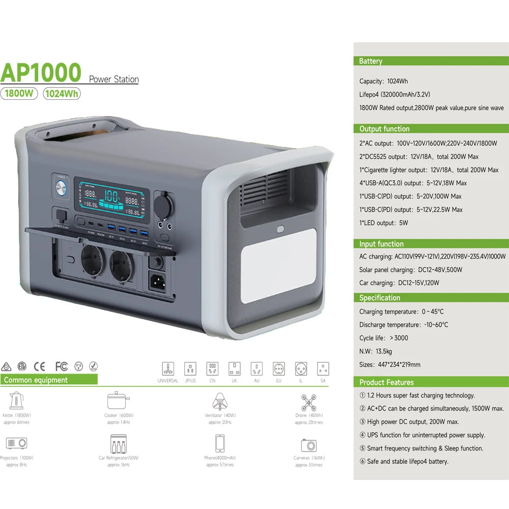VeFePO4-Centrale électrique portable, Alimentation mobile, Sir Aors solaires, Stockage de batterie pour le camping, 2600W, 2048WH, 1800W, 1024WH