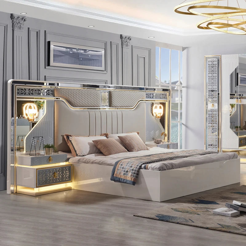 Commode de maquillage moderne en bois avec miroir à diode électroluminescente, ensemble de meubles de chambre à coucher, design de luxe