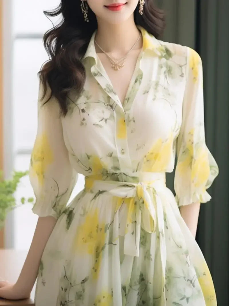 Haute qualité été élégant mode imprimé fleuri Robe femme demi manches décontracté à lacets Robe femmes Vintage Robe en mousseline de soie