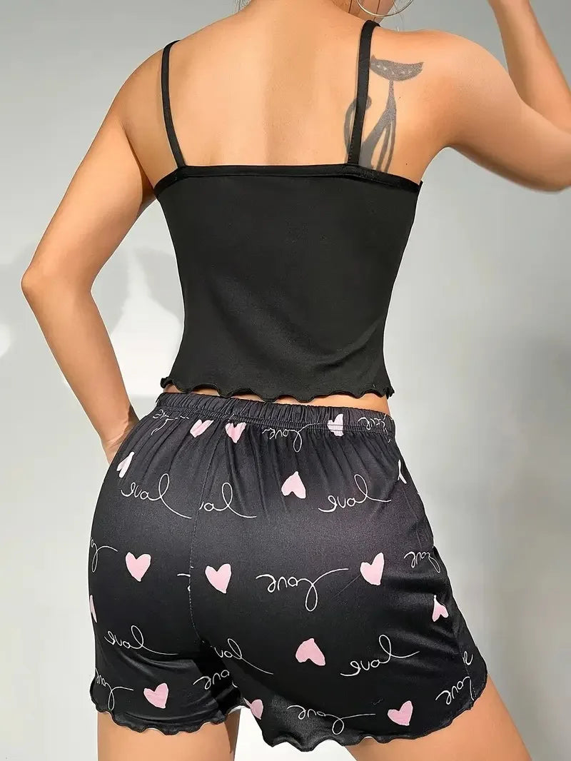 Ensemble pyjama en soie de lait pour femmes, Camisole et short imprimés, deux pièces, vêtements de maison confortables, tenue de détente Sexy, été