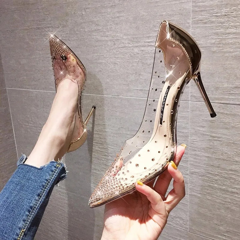 Chaussures de Mariage à Talons Hauts et Fins pour Femme Escarpins de Luxe en Strass, Bout Jolie tu, Transparent