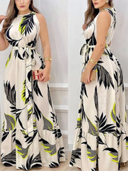 Robe d'été Sexy sans manches pour femmes, col suspendu, avec taille à lacets, jupe imprimée feuille de Lotus, longueur au sol, nouvelle collection