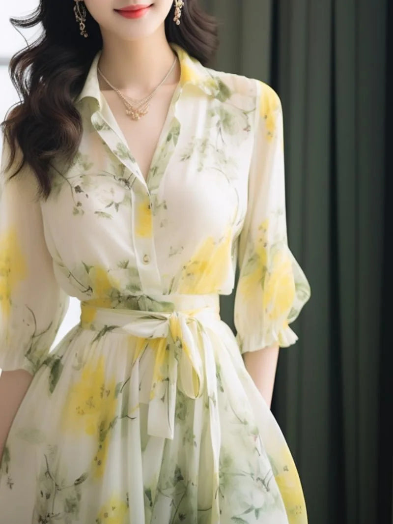 Haute qualité été élégant mode imprimé fleuri Robe femme demi manches décontracté à lacets Robe femmes Vintage Robe en mousseline de soie