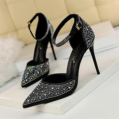 Sandales pointues à bouche peu profonde pour femmes, talons hauts creux, escarpins de mariage, champagne, or, paillettes de cristal, biscuits, Parker