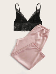 PaJamas Sexy ensemble ceinture élastique vêtements de détente dentelle Camisole et pantalon Long Sexs vêtements de nuit doux vêtements de loisirs élégant Satin Homewear