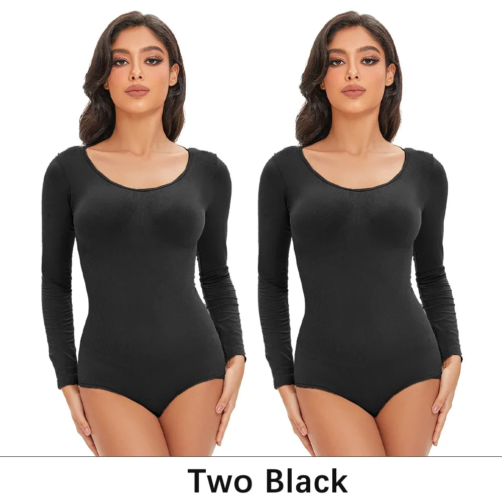 POKARLA Spandex élastique Body costume Shapewear femmes corps Shaper ventre contrôle à manches longues ouvert entrejambe col rond sans couture Shapers