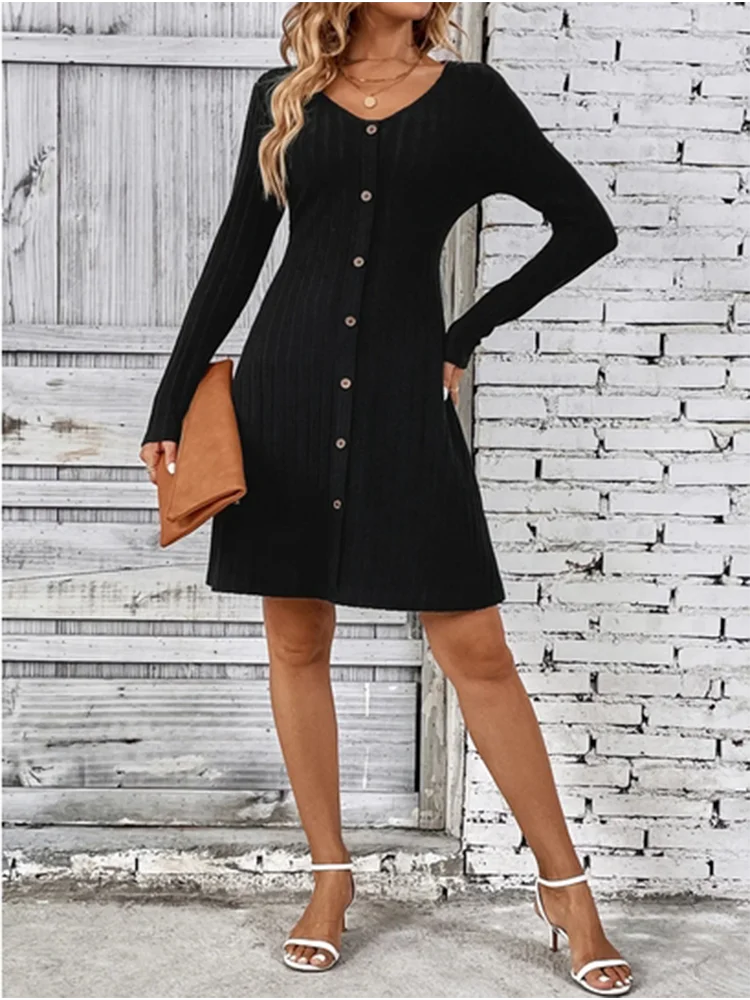 Robe boutonnée à col en v pour femmes, monochromatique, ligne a, décontractée, confortable, tendance printemps automne