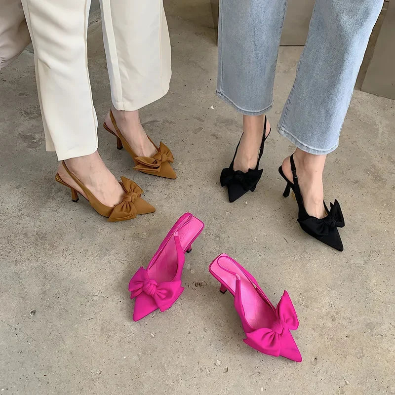 2025 été marque femmes Slingback sandales chaussures à talons mode nœud papillon bout pointu sans lacet dames robe élégante pompes chaussures