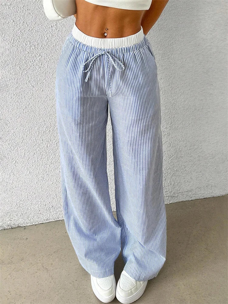 Pantalon à jambes larges tissées à rayures pour femmes, décontracté, élégant, pleine longueur, vêtements Y2K, Streetwear, automne hiver 2024