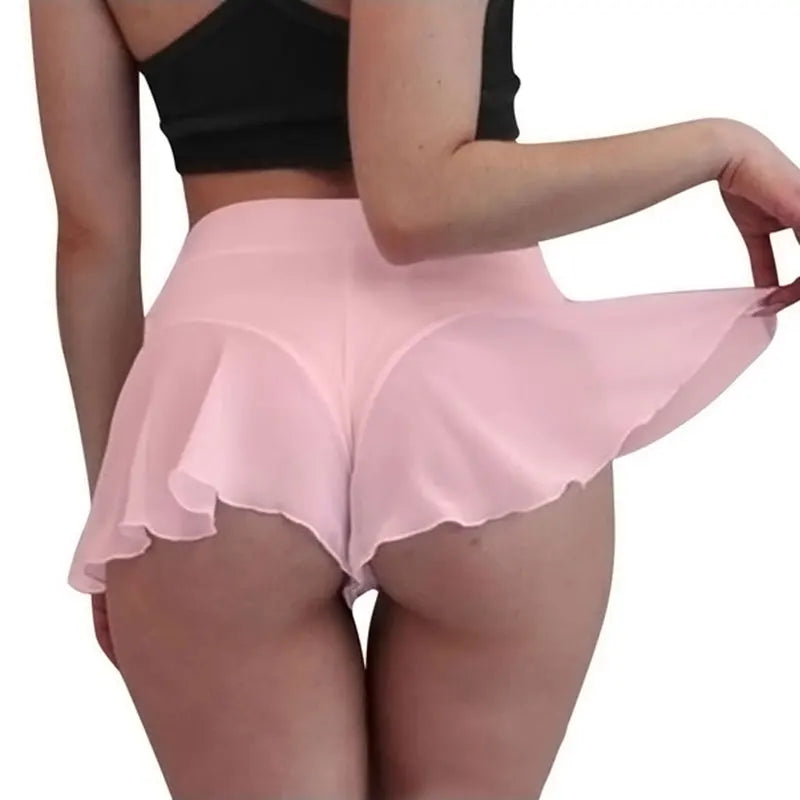 Femmes Sexy Sheer Ruffles Jupe Shorts Transparent Taille Haute Mini Jupes Sports D'été Fitness Yoga brevPantalon Chaud S-3XL