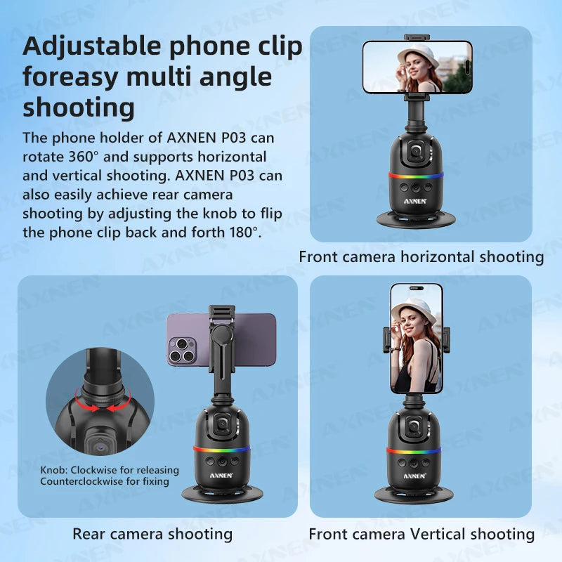 Stabilisateur de téléphone portable à cardan avec suivi du visage AI, support de selfie à rotation automatique à 360 °, trépied en option, iPhone 15 Pro Max Android