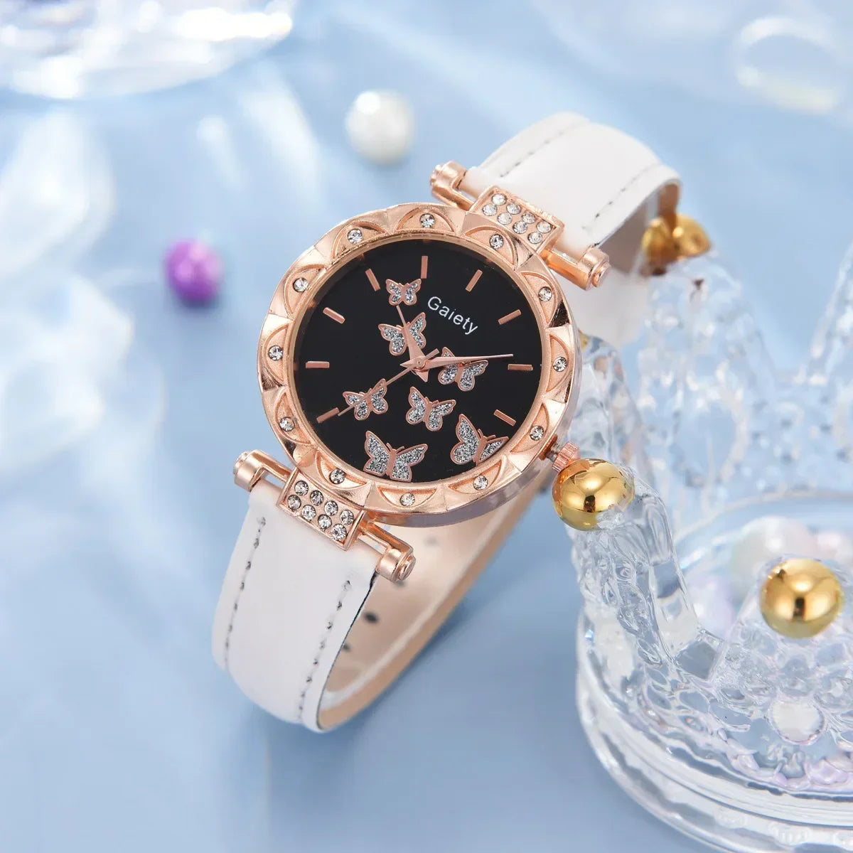 Set Femmes Montre Bague Collier Boucles d’oreilles Bracelet Ensemble Montres Papillon Bracelet En Cuir Dames Quartz Montre-bracelet (Pas de boîte)