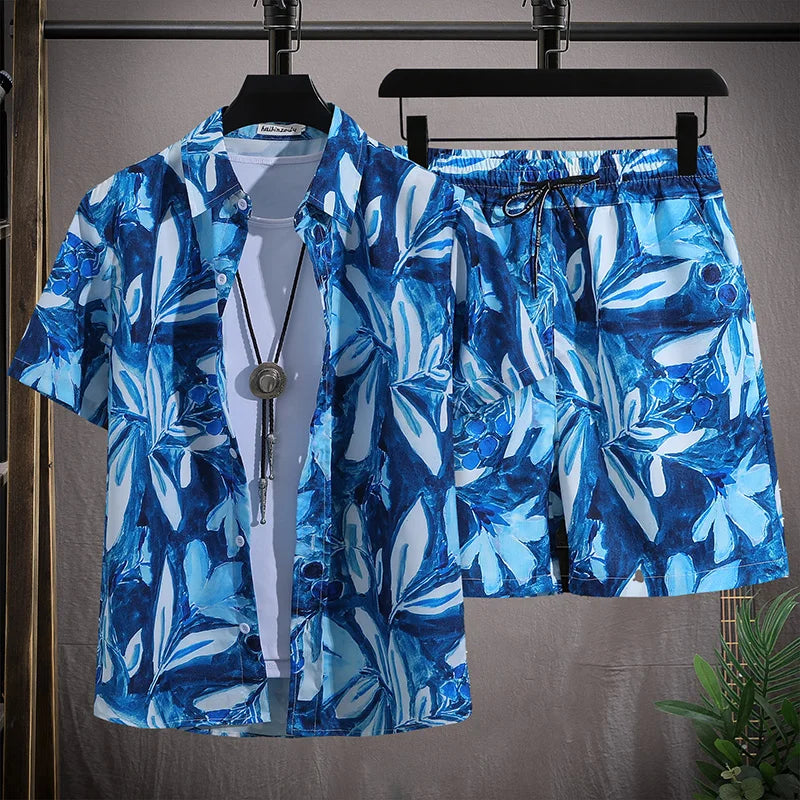 Ensemble de plage hawaïenne pour hommes Chemise à manches courtes à simple boutonnage et shorts Tenue de voyage décontractée pour vacances d’été