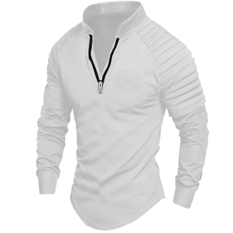 2024 Autumn men's half-zip long-sleeved Polo shirt arm pleats fashion stand-up collar top sweatshirt