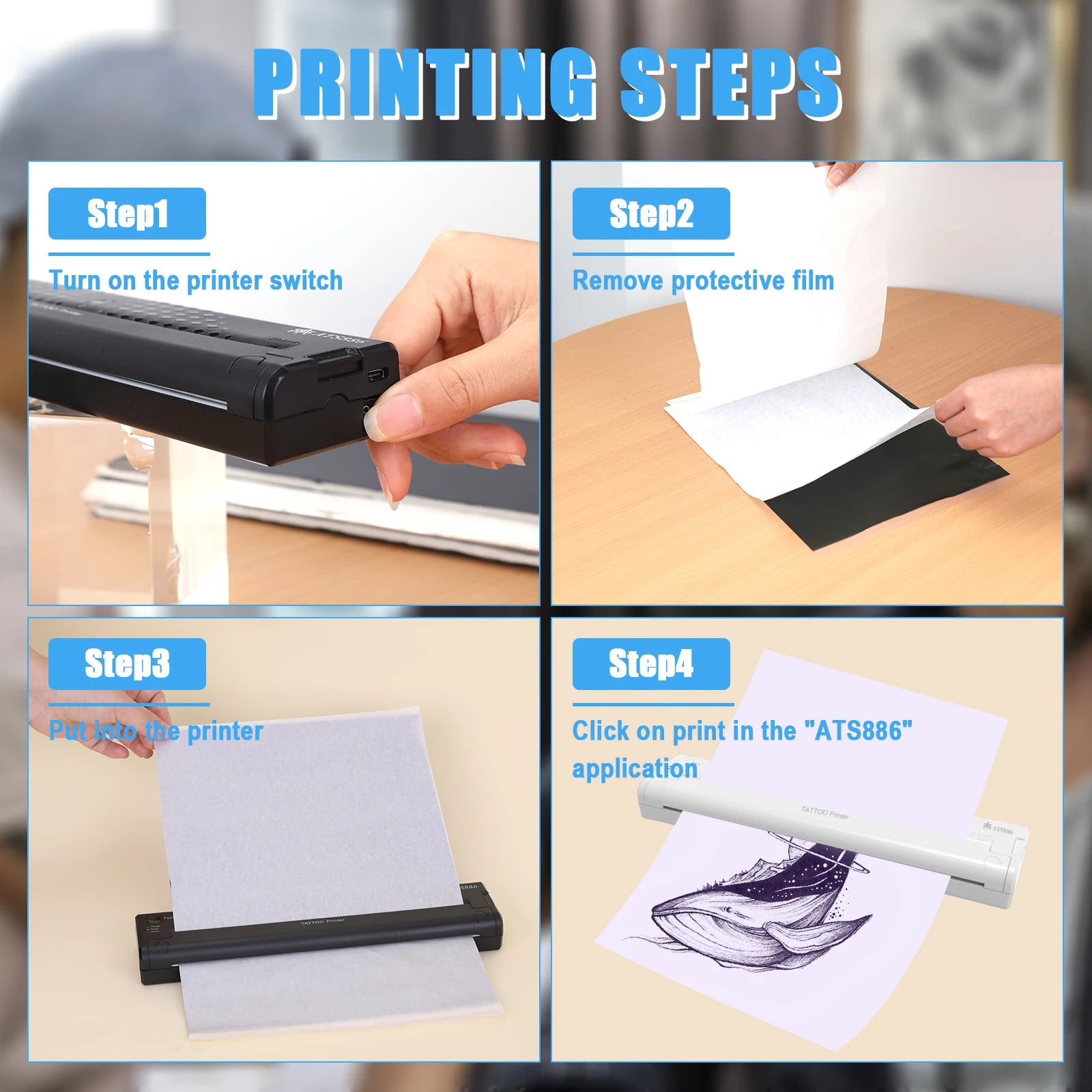 Imprimante de Transfert de Cailloux de Tatouage Portable ATS886, Appareil Thermique pour Dessiner des Lignes et des Photos