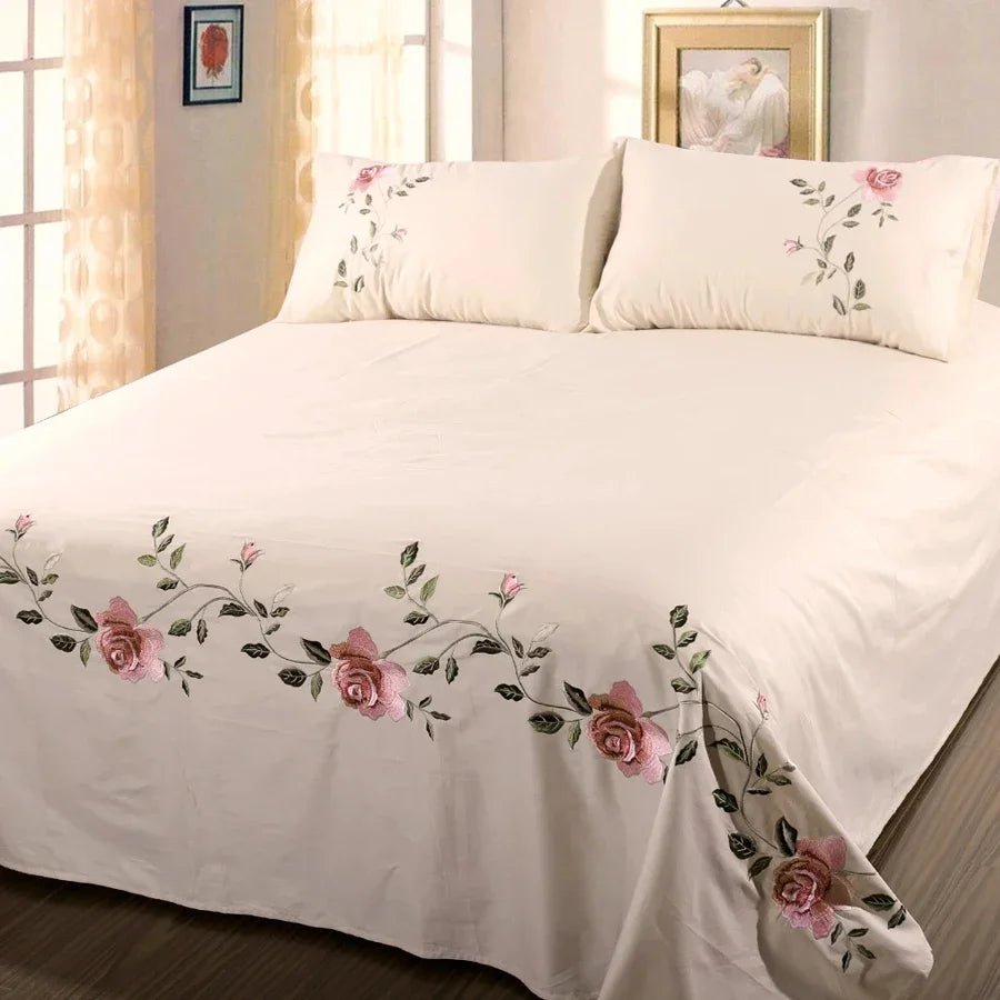 WASART Rose flore broderie design drap plat couleur unie coton sergé lin literie luxe maison textiles reine roi taille
