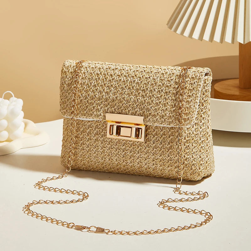 Sac à bandoulière en paille pour femmes, sac à bandoulière en chaîne tissé de grande capacité avec fermeture à boucle, pochette faite à la main