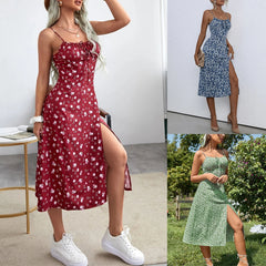 Robe tendance à fleurs pour femmes, vêtements d'été 2024, bretelles spaghetti à imprimé fleuri, fibre avec fente haute pour dames