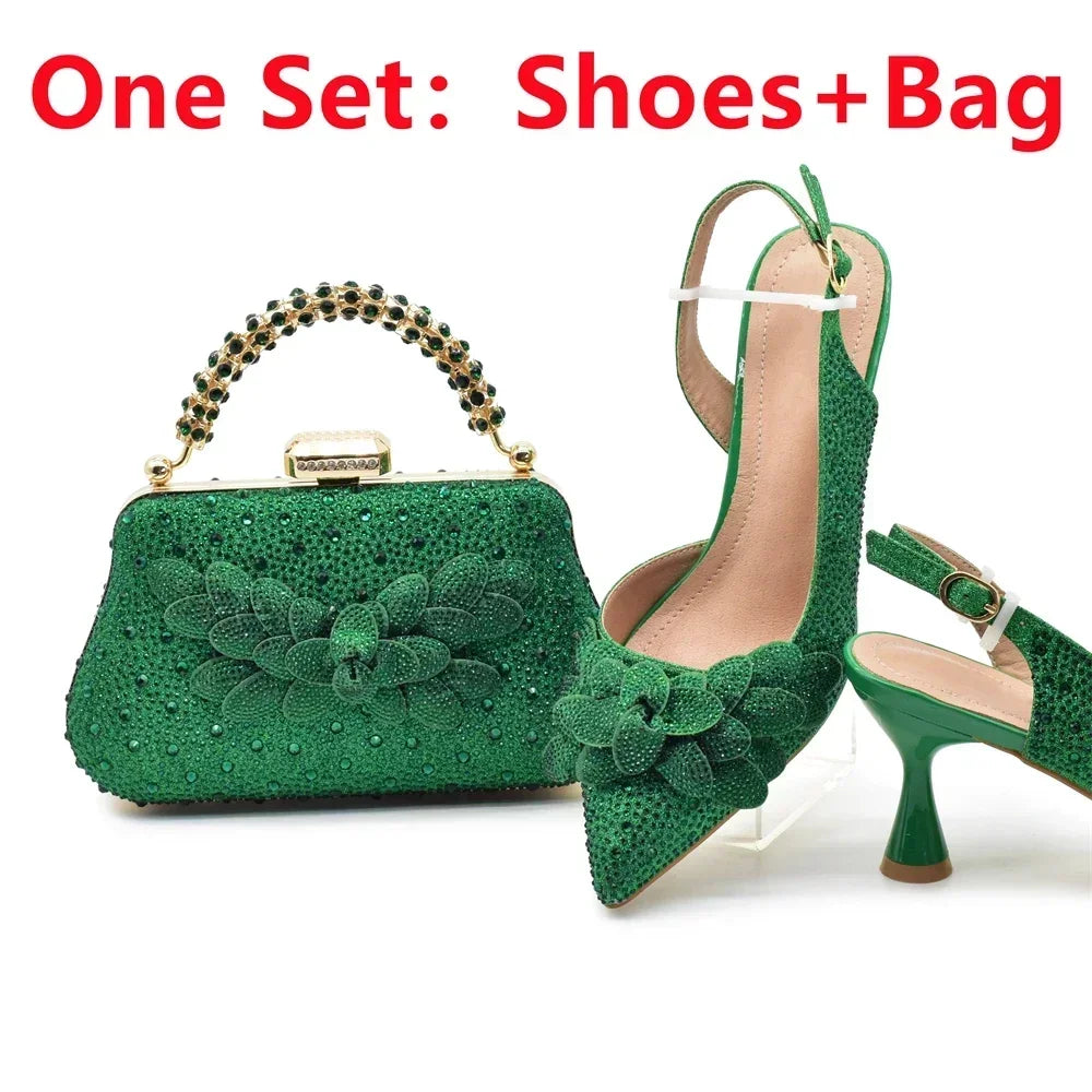 Ensemble de chaussures et de sacs italiens de luxe pour femmes, escarpins de mariage à bout pointu, talons hauts, strass, ensemble de chaussures et de sacs de fête pour dames