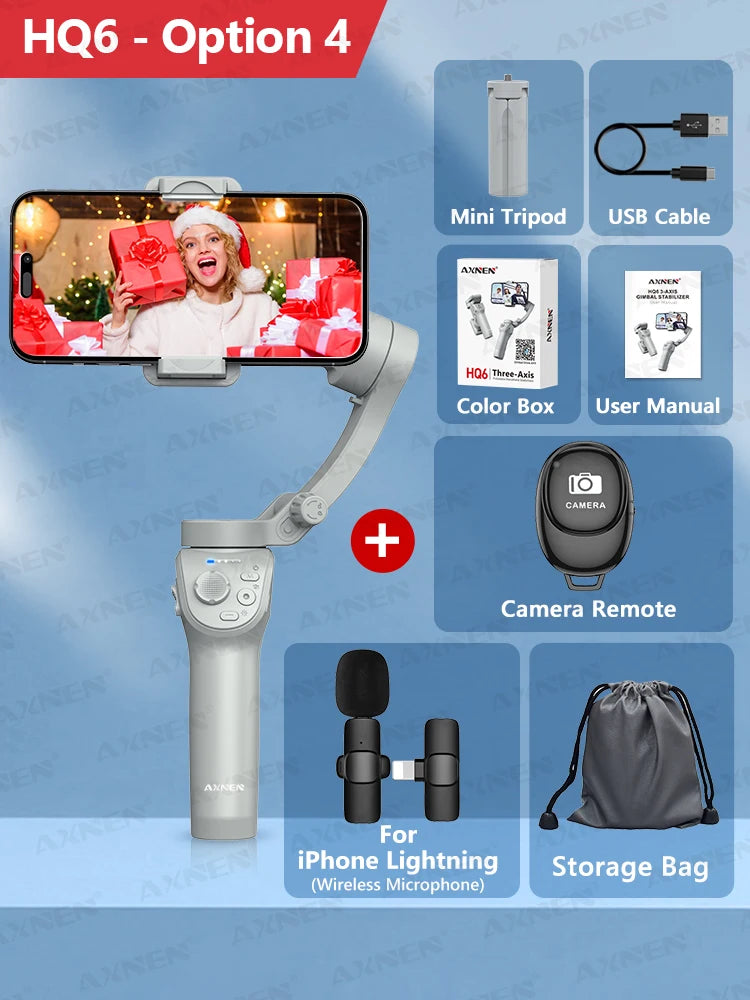 Cardan AXNEN HQ6 pour smartphone, cardan portable 3 axes, avec suivi intelligent, lumière de remplissage, zoom, stabilisateur pour iPhone Android