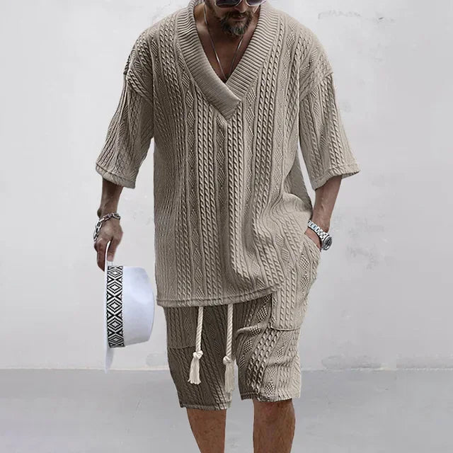 Ensemble deux pièces tricoté pour hommes, T-shirt et Short décontractés, col en v, manches courtes, Streetwear, tenues en tricot, été 2024
