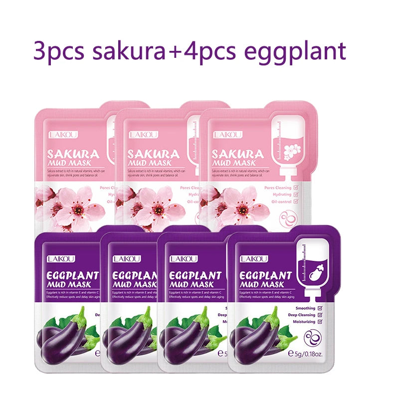LAIKOU 7 pièces japon Sakura boue masque facial nettoyant blanchissant hydratant contrôle de l'huile Anti-âge masque à l'argile packs soins de la peau du visage