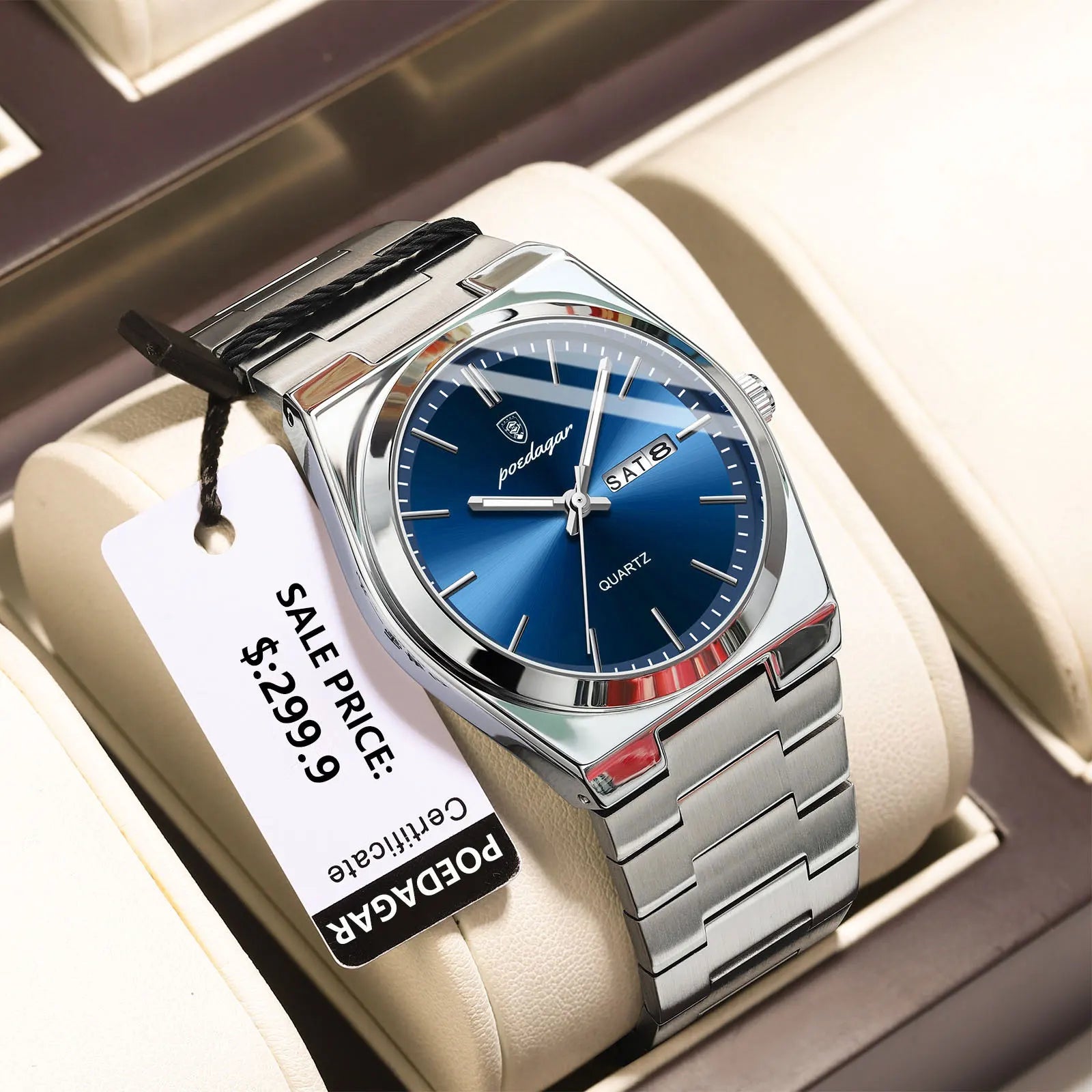 POEDAGAR Montre de luxe pour homme étanche lumineux Date Semaine en acier inoxydable Hommes Montre Casual Quartz Montres pour hommes Horloge masculine + boîte
