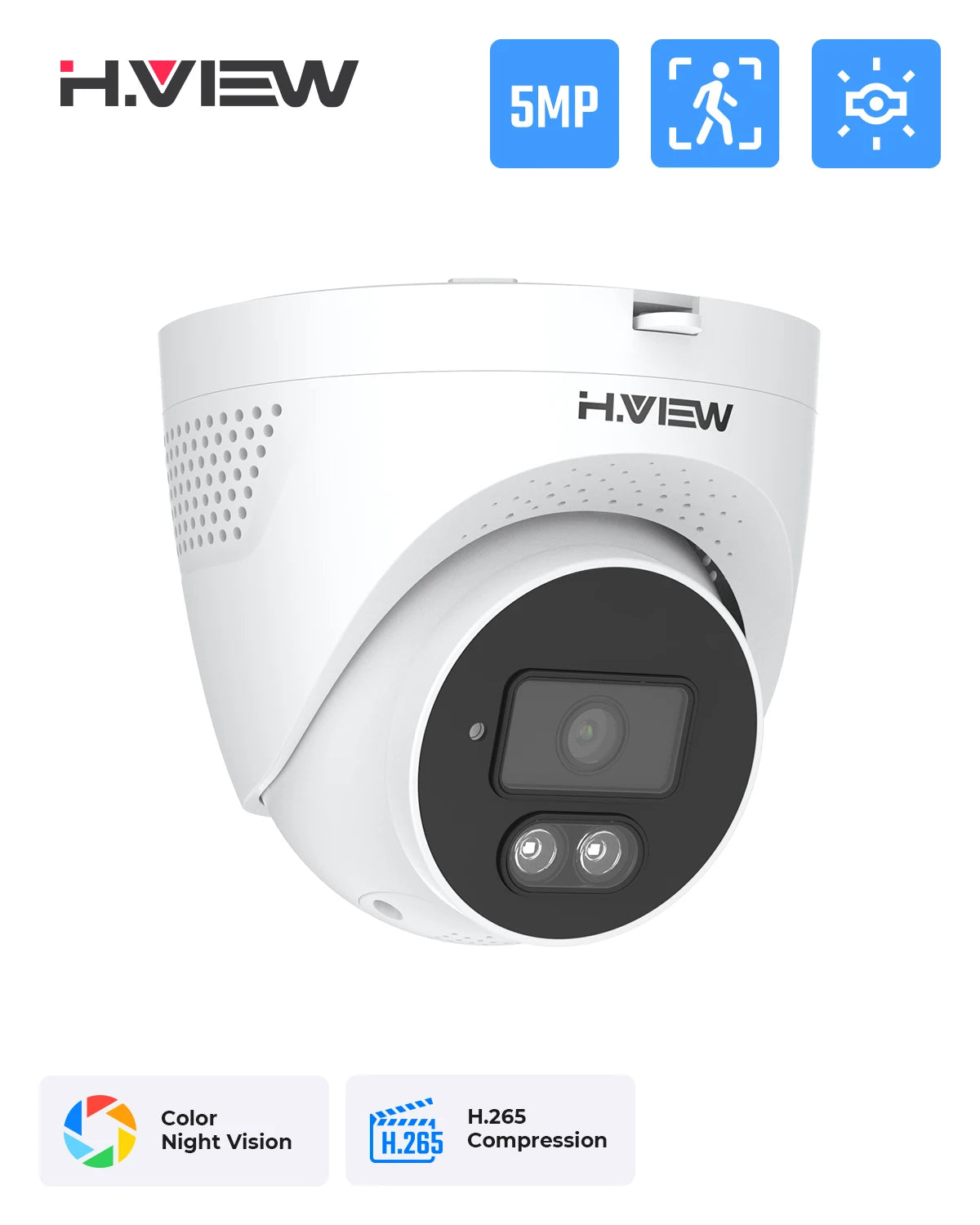 H.View-Caméra de surveillance étanche IP Poe Ai 5MP, dispositif de sécurité avec détection qualifiée ale, audio et vidéo, pour système Nvr Onvif