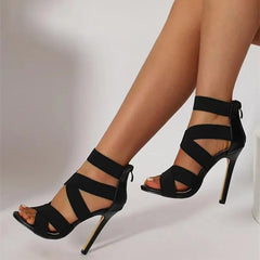 Chaussures de gladiateur sexy à bout ouvert pour femmes, sandales à talons très hauts, escarpins à large bande avec fermeture éclair au dos, sandales de fête de mariage noires