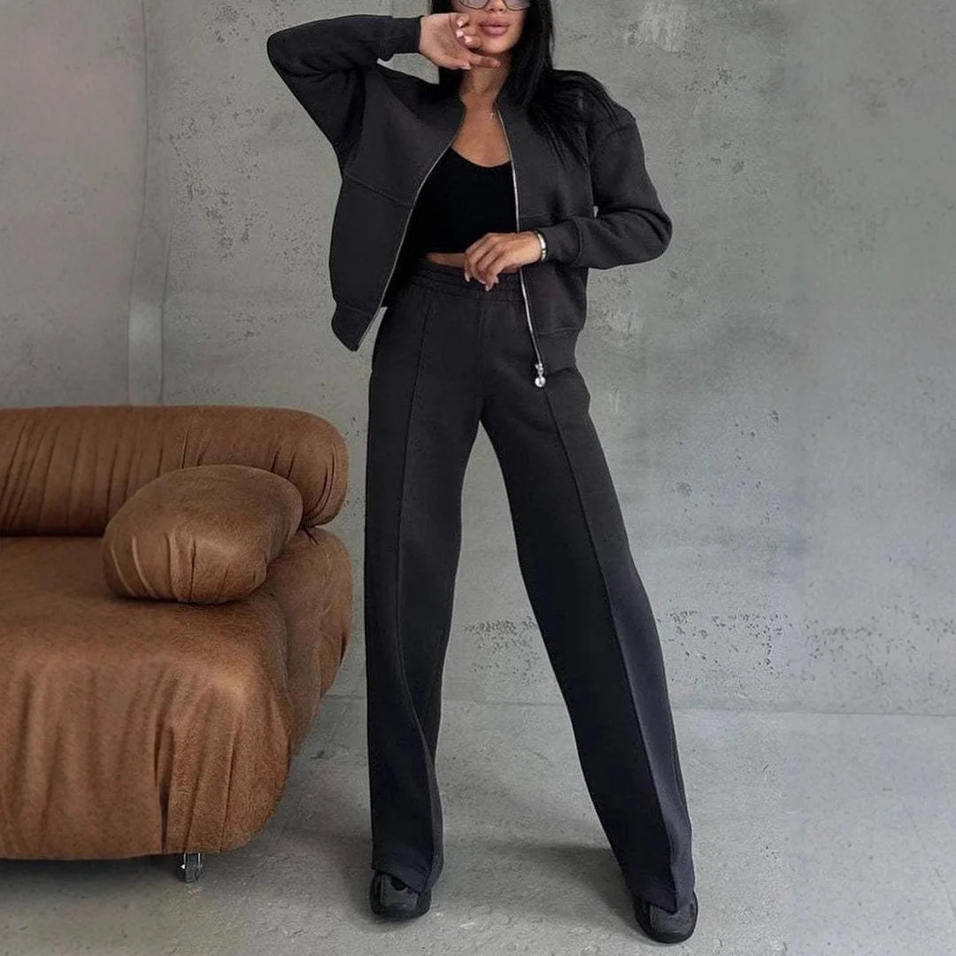 Autumn Winter Fashion Zip Jacket Wide Leg Pants Two Piece Set  2025 Women Casual Long Sleeve Top Sweatshirt Pants Loose Sets