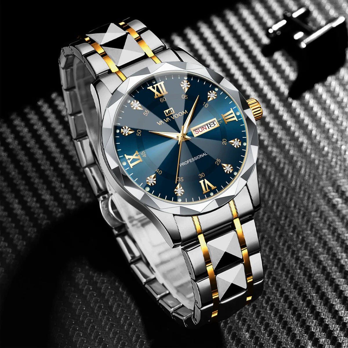 VA VOOM mode hommes montres étanche calendrier hebdomadaire en acier inoxydable affaires veilleuse haut marque montre à Quartz pour hommes
